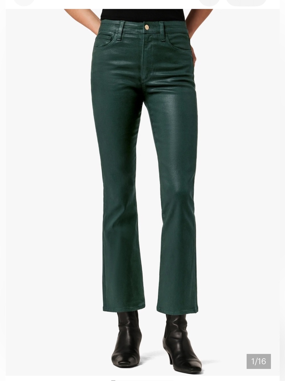 Joe’s Jeans, the Callie high-rise, boot-cut, cropped, coated, forest green, 26